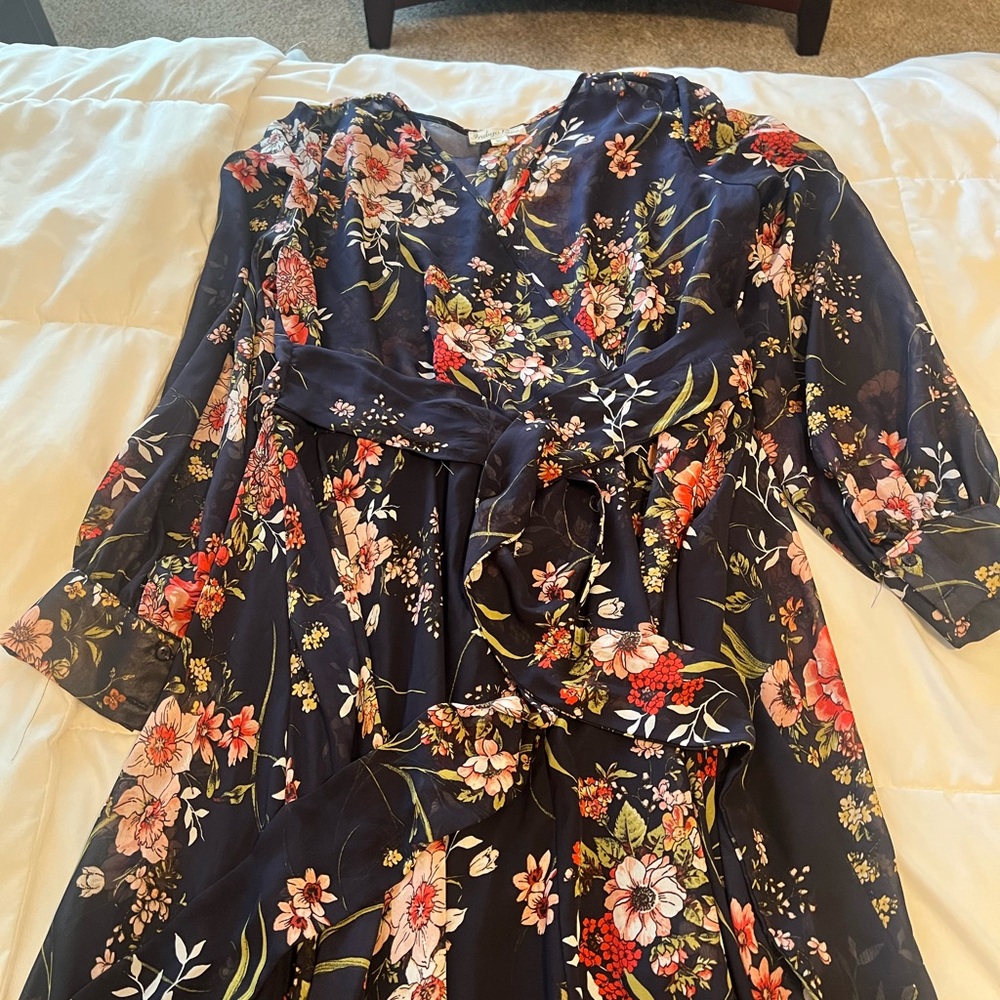 Navy Floral Wrap Dress with Belt